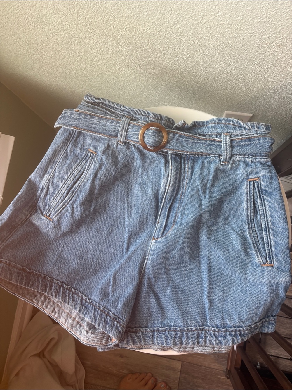 Zara Light Blue Denim Paperbag Shorts with Belted Ring